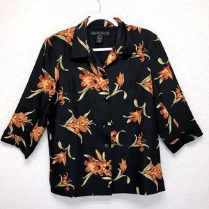 Silkland Women Pure Silk Black Orange Lily Floral Button Blouse Size 8